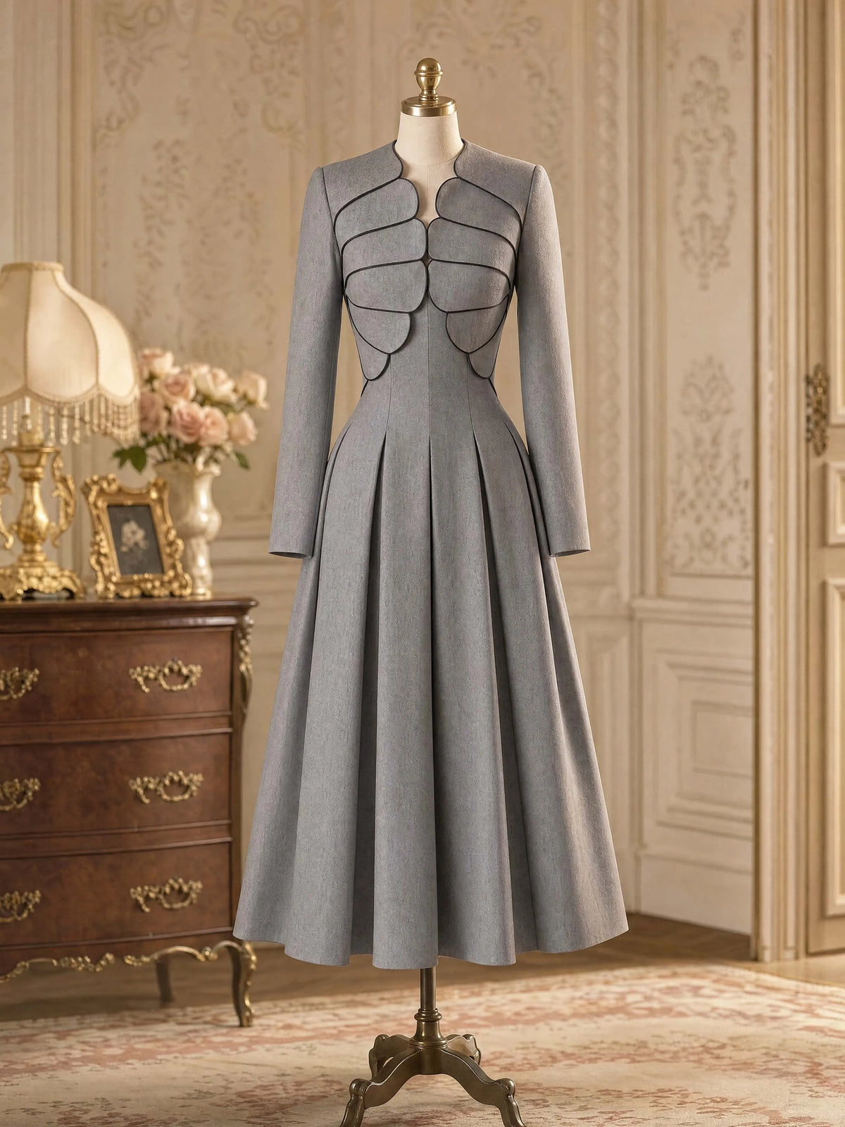 Vintage Petal Collar Pleated Midi Dress