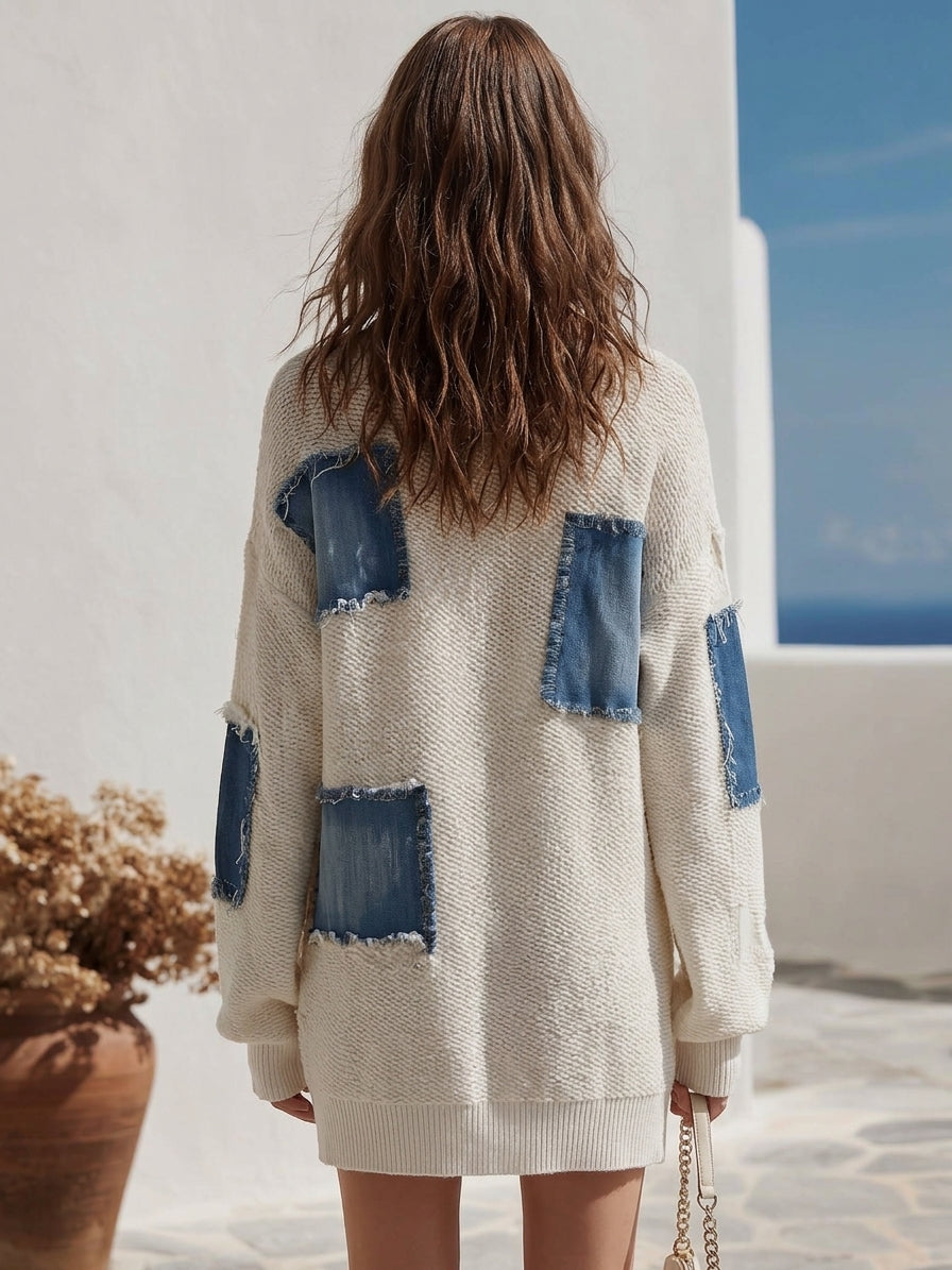 Boho Resort Off White Denim Patchwork Fringe Knit Mini Dress