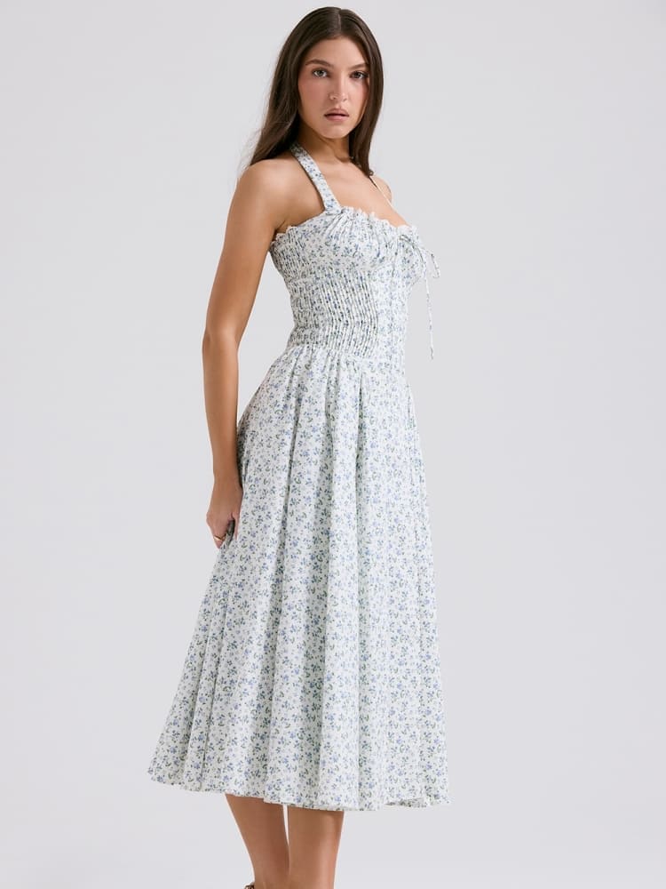 White Halter Backless Dress with Bluebell Floral Print