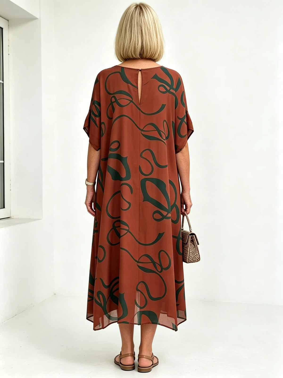Black Abstract Print Chiffon Midi Dress, V-Neck Short Sleeve Loose Tummy Concealing Back Tie Vacation Dress for Mature Women