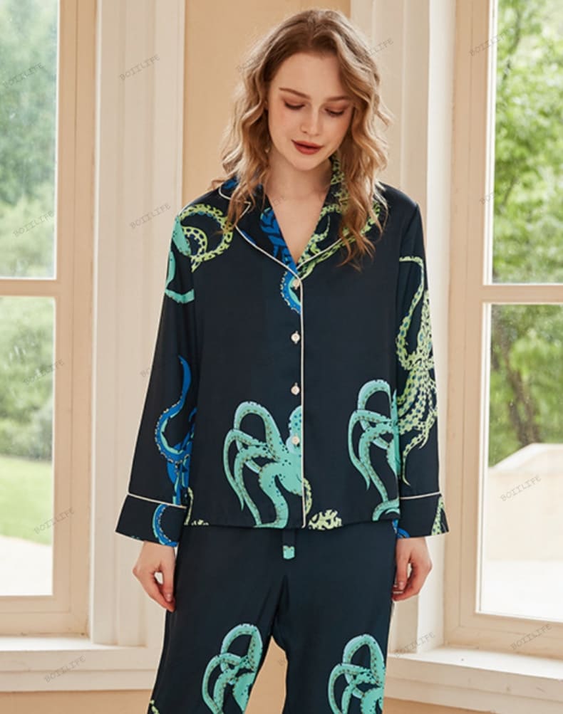 Octopus Print Ice Silk Long-Sleeve Pajama Loungewear Set