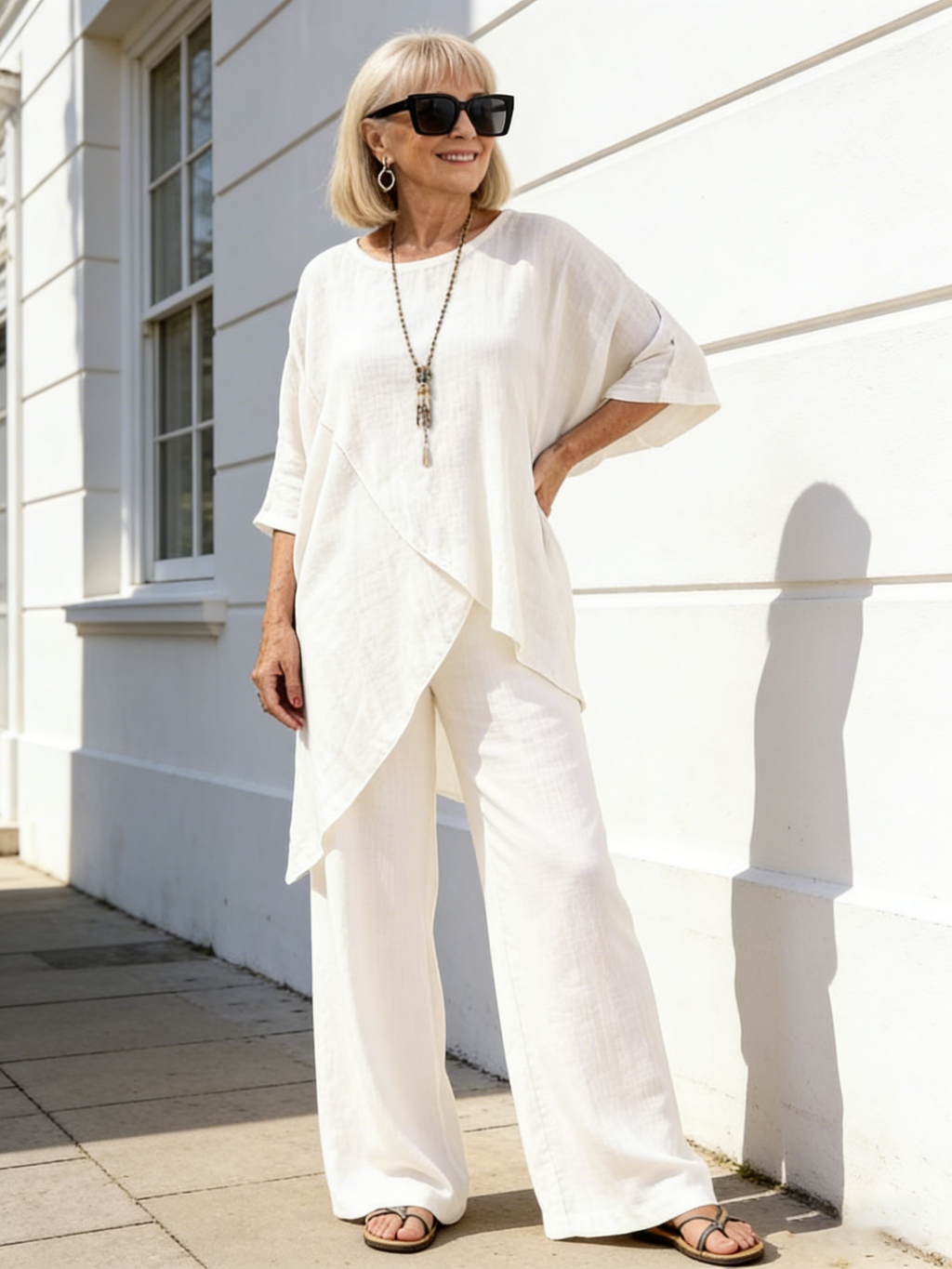 2Pcs Set Cotton and Linen Sleeves Round Neck Loose Casual Irregular Hem Set