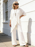 2Pcs Set Cotton and Linen Sleeves Round Neck Loose Casual Irregular Hem Set