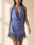 Modern Cowgirl Vibe — Muted Blue Faux Leather Tassel Detail Cocktail Bodycon Mini Dress