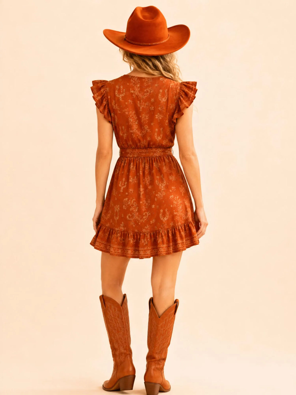 Perfect for Sunset Desert Music Festivals — Rust Orange Cactus Line Print and V-Neck Flutter Sleeve Smooth Breathable Rayon 2026 Spring/Summer Women's Tie-Waist Mini Dress