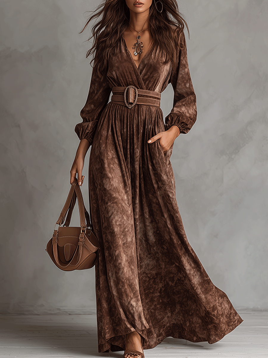 Bohe V-Neck Chocolate Color Belted Print Maxi Dress