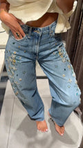 Floral Beaded Rhinestone Straight Leg Jeans