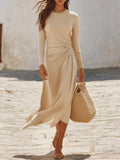 Neutral Coastal Resort Smooth Knit Long Sleeve Crew Neck Top Wrapped Ruched Midi Skirt Set
