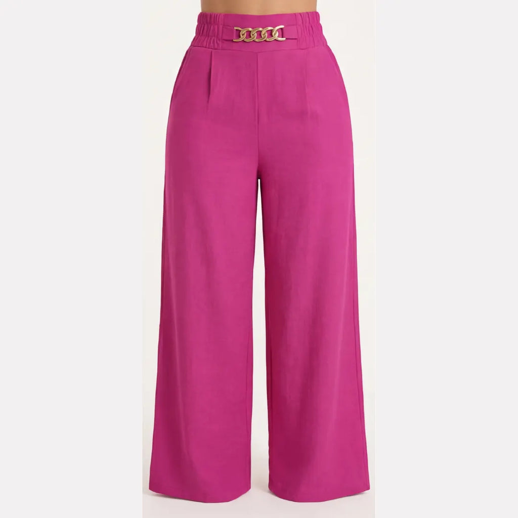 Elegant Linen Wide Leg Trousers, High Waist with Statement Chain Detail