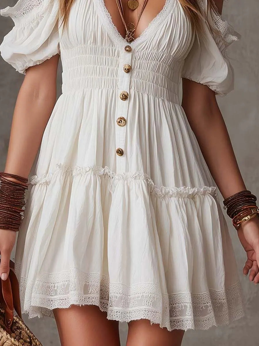 Bohemian Cold-Shoulder Button-Front Cotton Mini Dress
