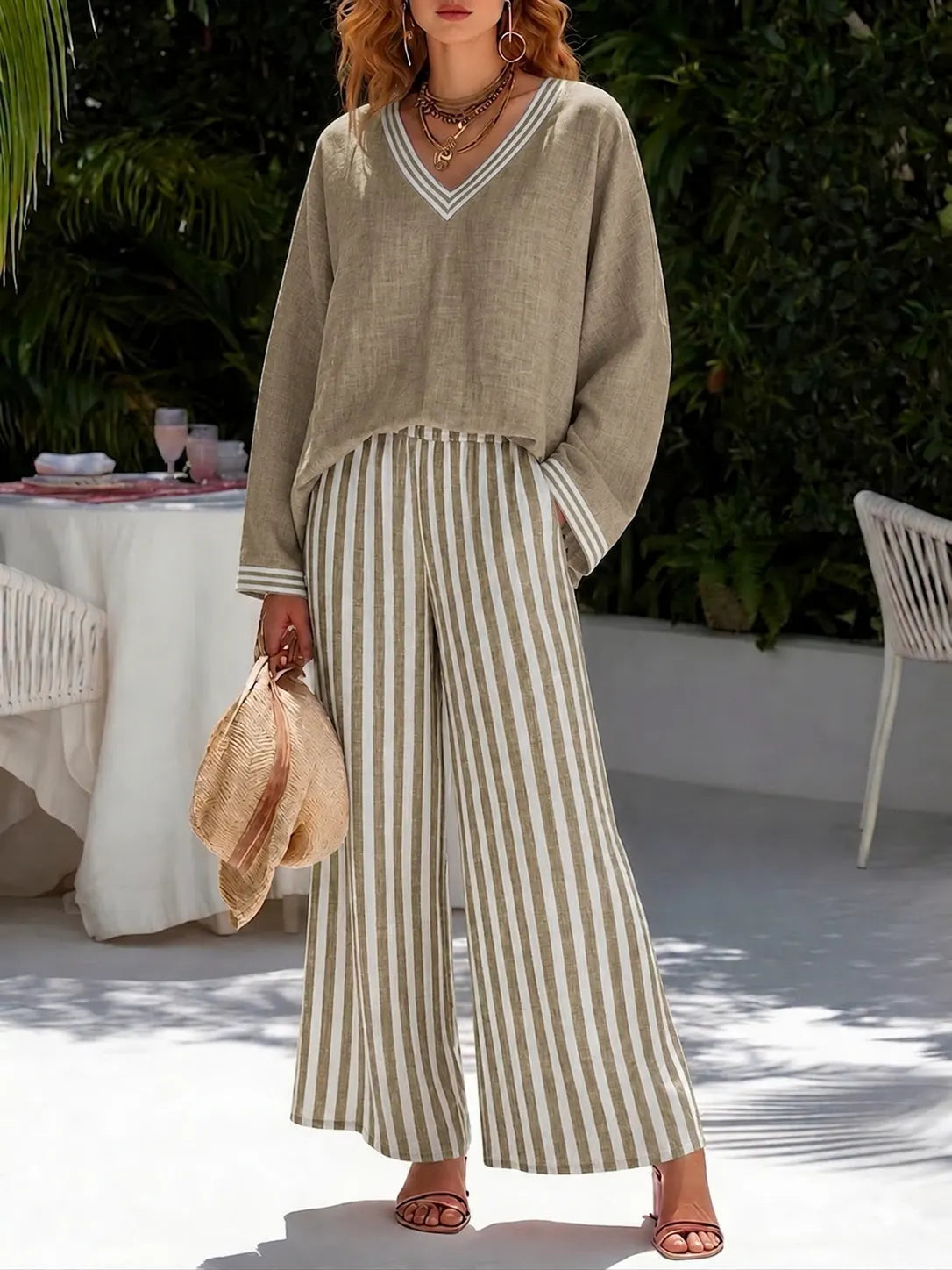 Women’s V-Neck Linen Blend Striped Two Piece Set