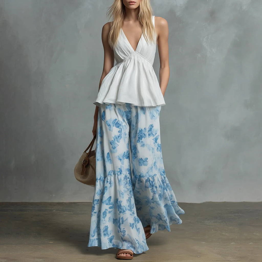 Western-style Vintage Chic Off-white Ruffled Sleeveless Chiffon Top And Striped Trousers Ensemble
