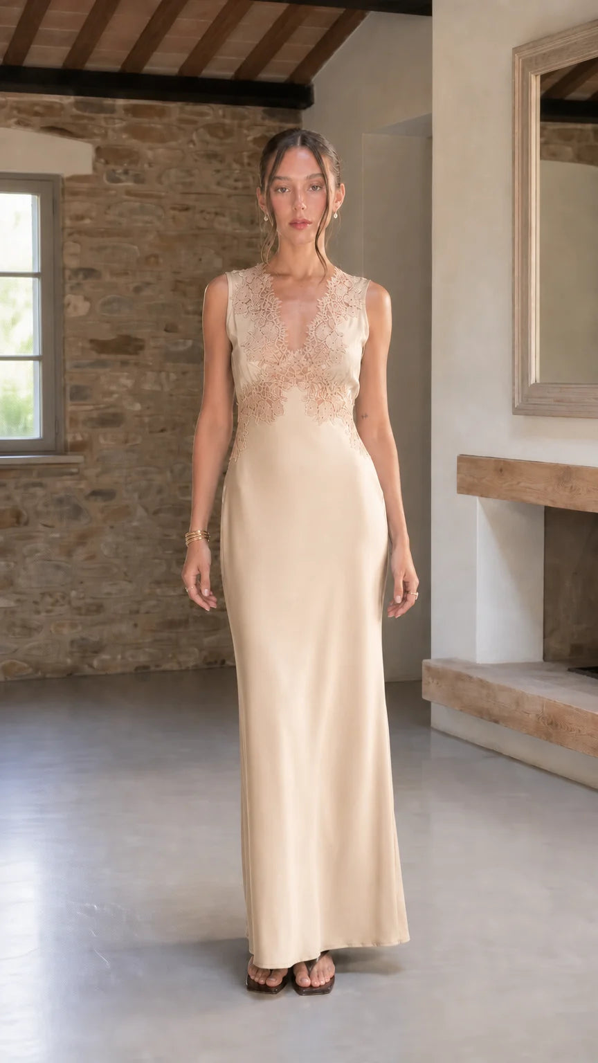 Elegant Contrast Lace Trim Sleeveless Satin Maxi Dress