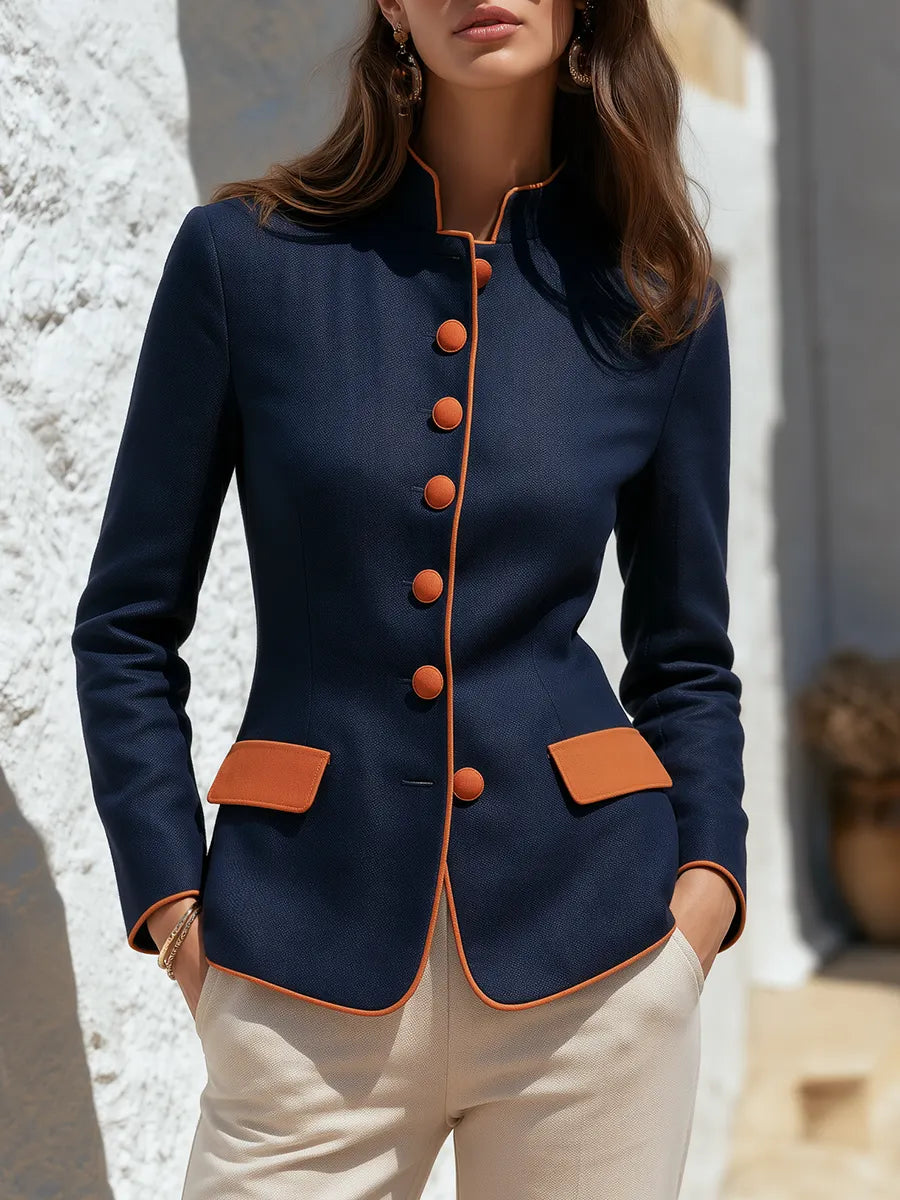Navy And Orange Contrast Piping Stand Collar Single-Breasted Nipped-Waist Retro Military Style Jacket