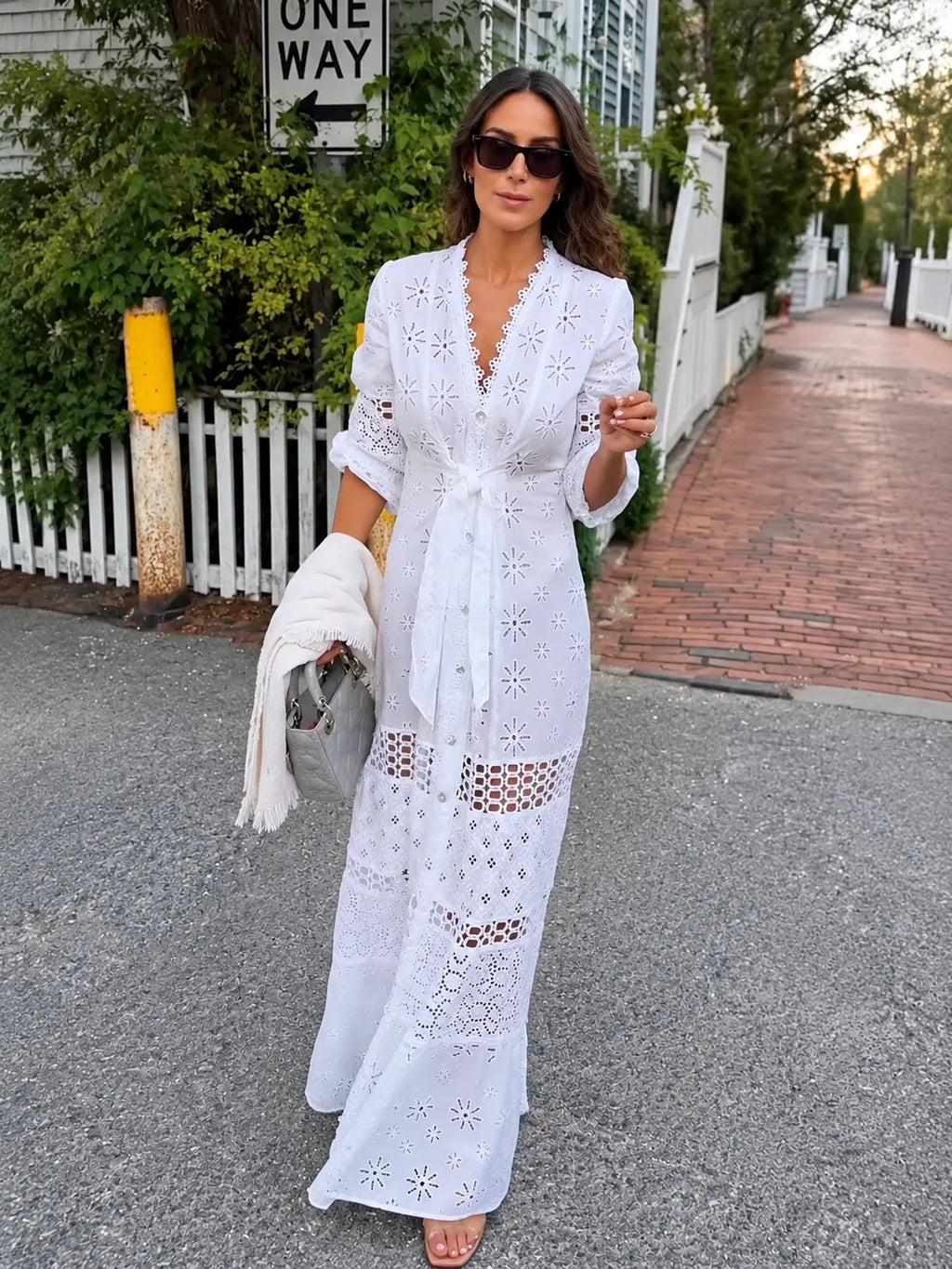 White Eyelet Button‐Front Maxi Dress