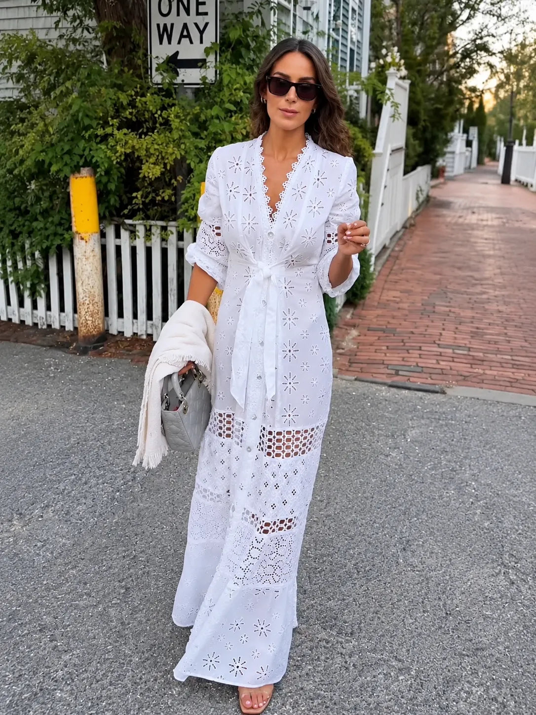 White Eyelet Button‐Front Maxi Dress