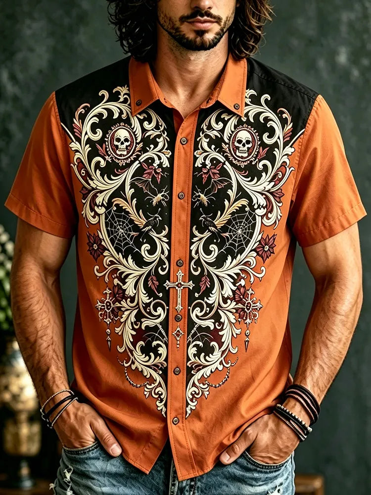 Men's Gothic Halloween Plant And Skull Combo Short-sleeve Shirt