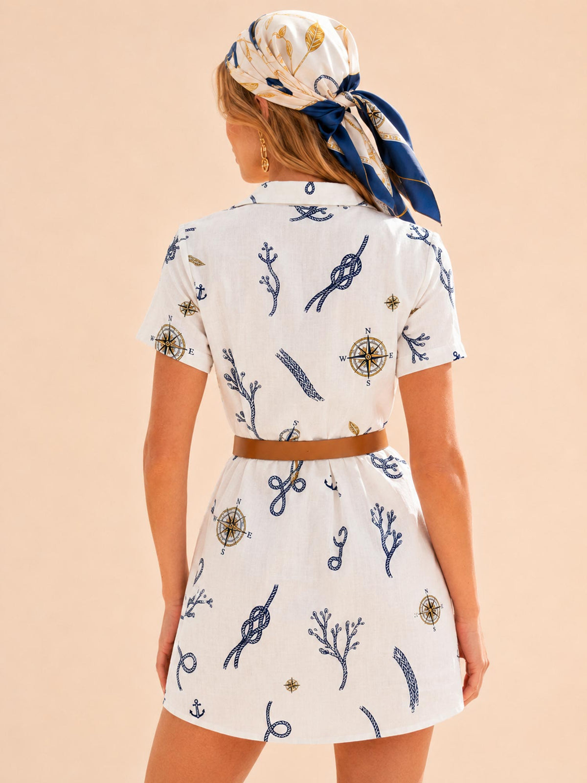 Perfect for a Mediterranean Resort Vacation — White Nautical Anchor and Rope Print Button-Down 100% Cotton Mini Dress