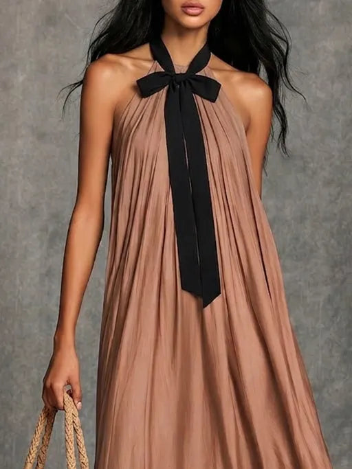 Black Bow Halter Neck Pleated Loose Brown Midi Dress