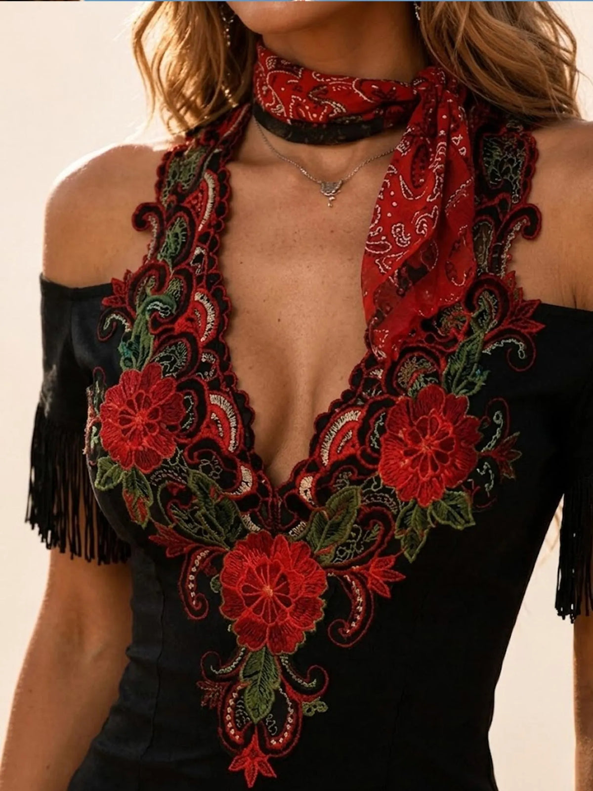 Ideal for Western Desert Roadtrips — Black V-Neck Heavy Embroidered Bodycon Short Mini Dress