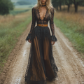 Country Wedding Guest Dress Women's Retro V-neck Lace Long-sleeved Pastoral Style Long Dress