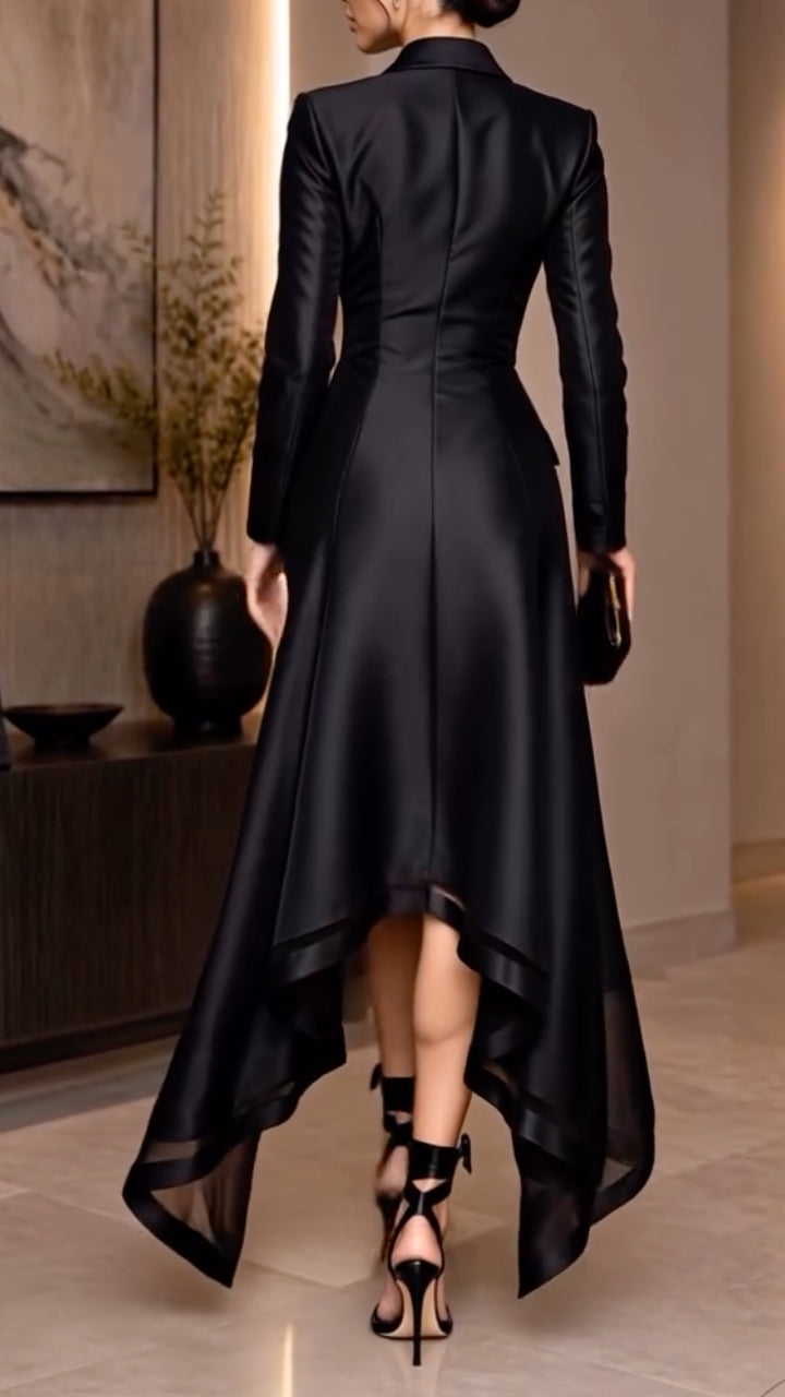 Black Satin High‐Low Blazer Dress