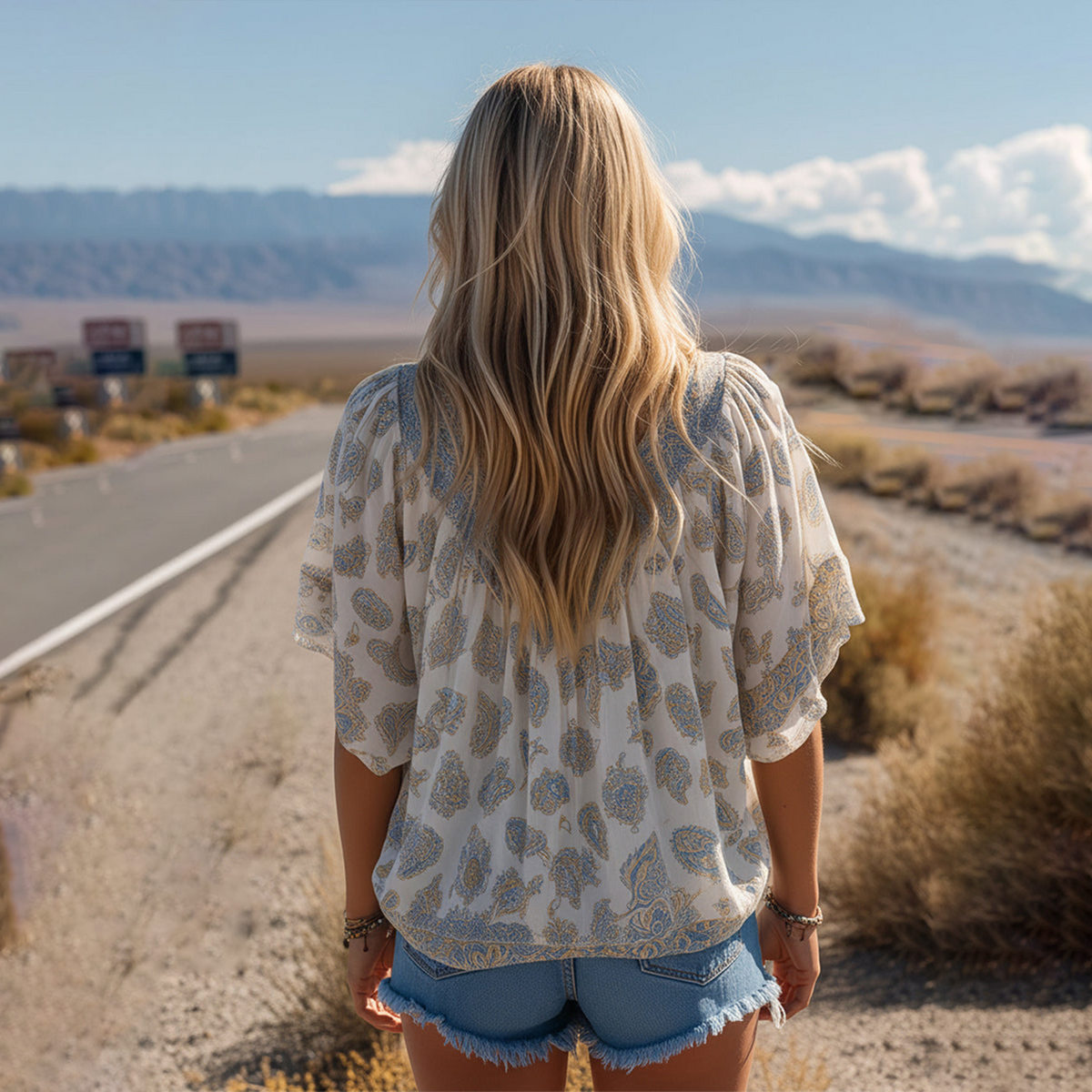 Retro White Paisley Print Chiffon V-neck T-shirt