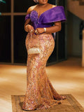 Off-The-Shoulder V-Neck Contrast Color Jacquard Evening Maxi Dress