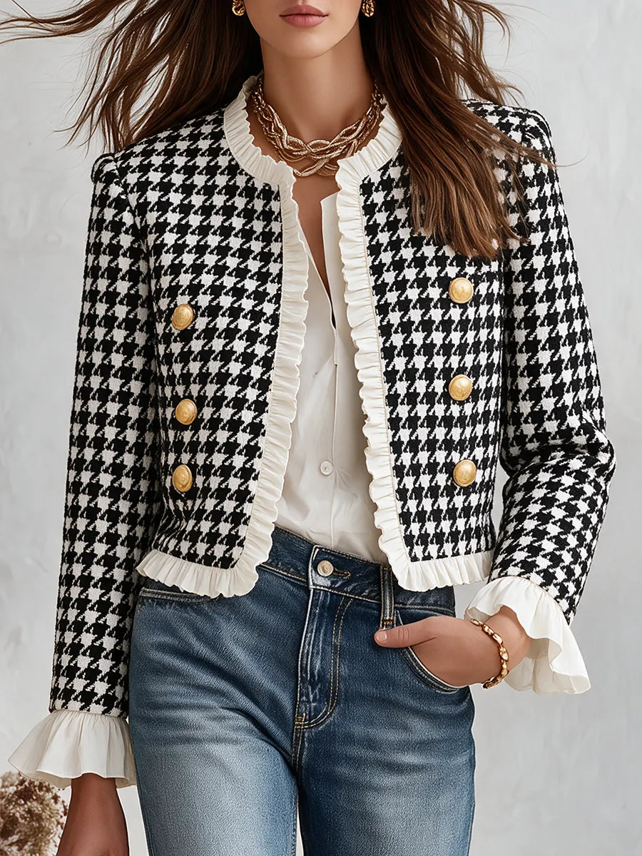 Resort-style Crew-neck Houndstooth Ruffle Jacket