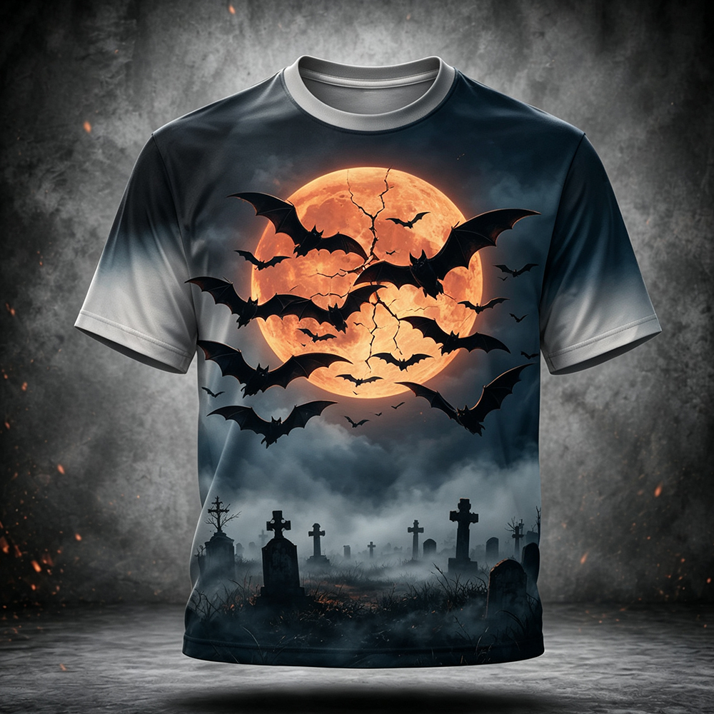 Men's T-shirt With Bats And Graveyard Graphic
