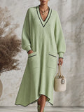 Resort-style V-neck Dropped Shoulders Midi Dress
