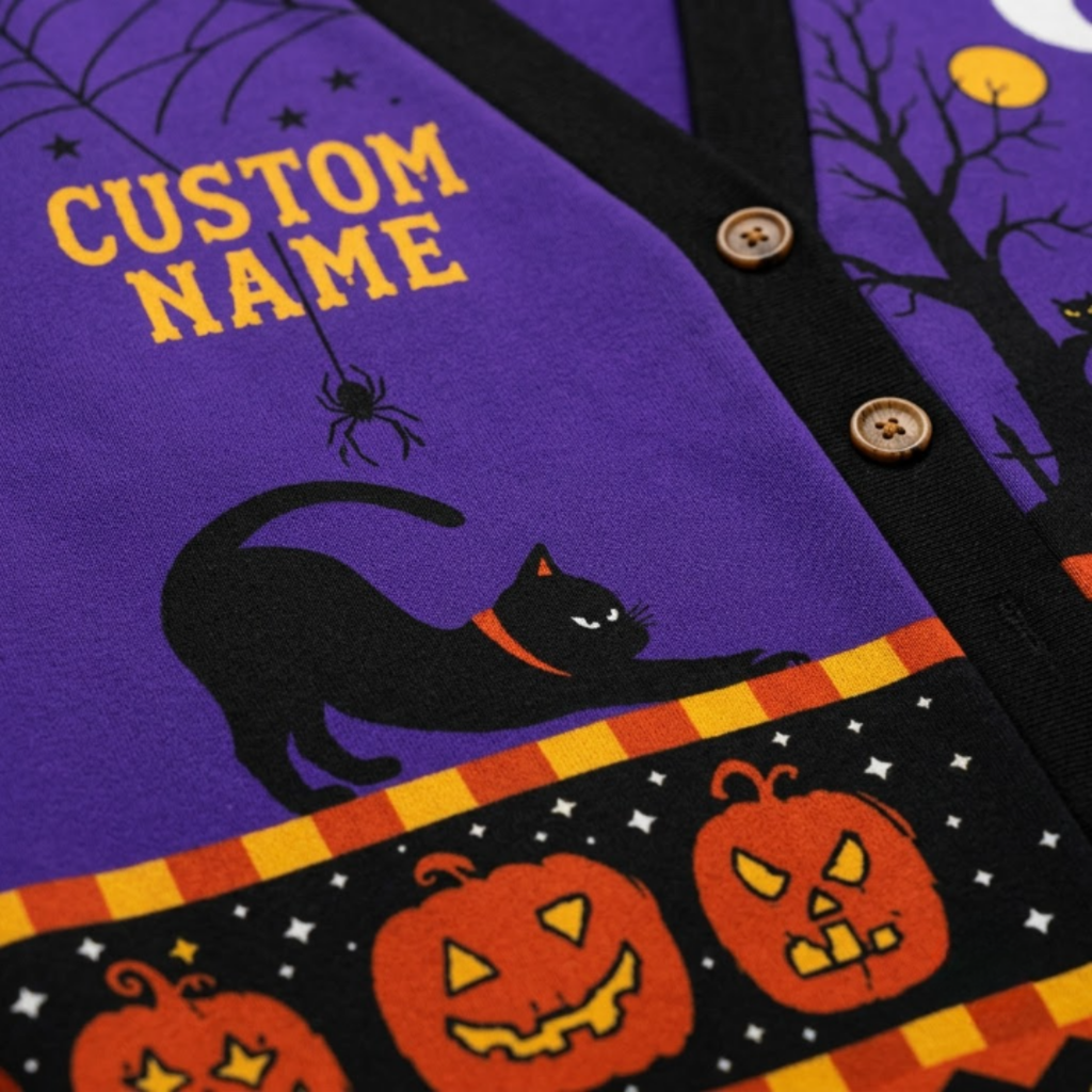 Chaotic Club Personalized Spooky Night Black Cat Ghost Cardigan
