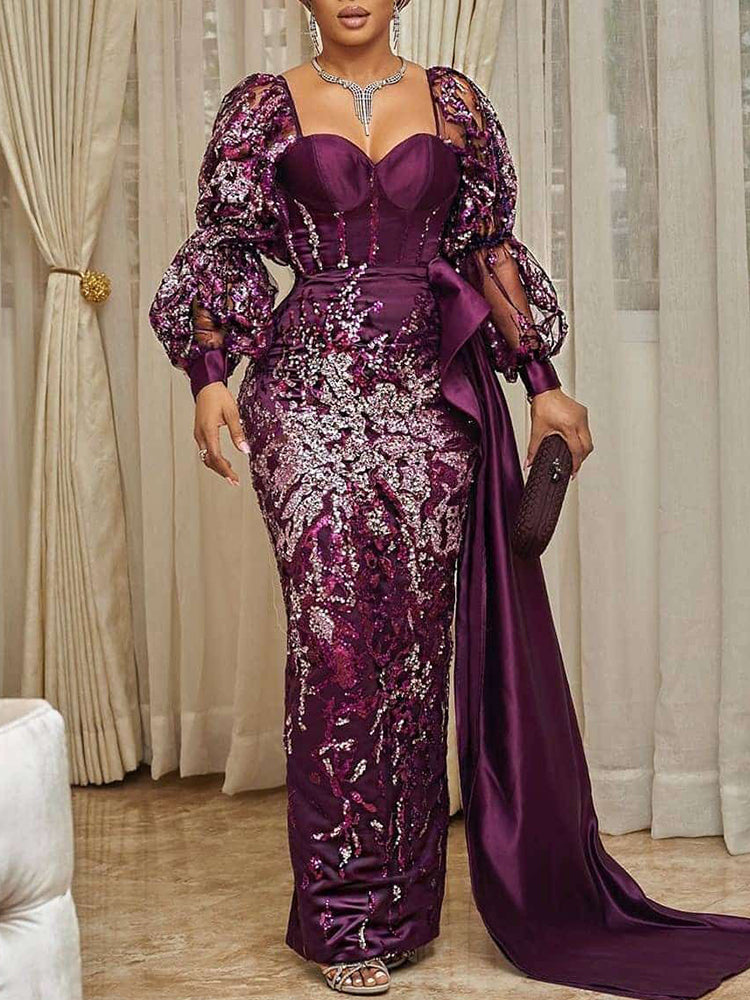 Square-Neck Floral Printed Puff Sleeve Empire Maxi Dress