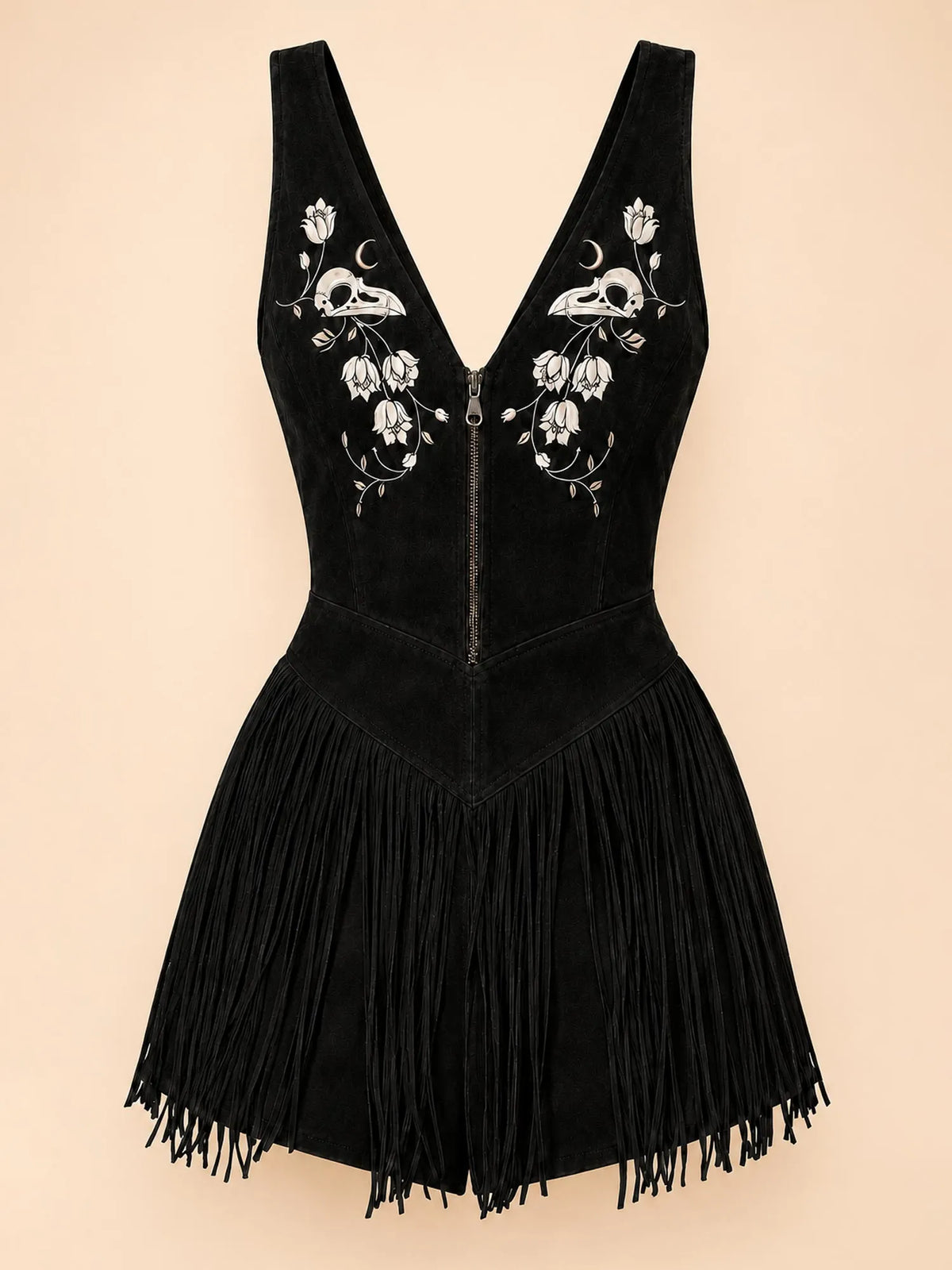 Desert Festival Dress — Black Faux Suede Gothic Western Skull Embroidered 2026 Spring Summer Romper with Fringe Mini Dress