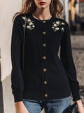 Vintage Romantic Black Floral Embroidery Gold Button Knit Cardigan