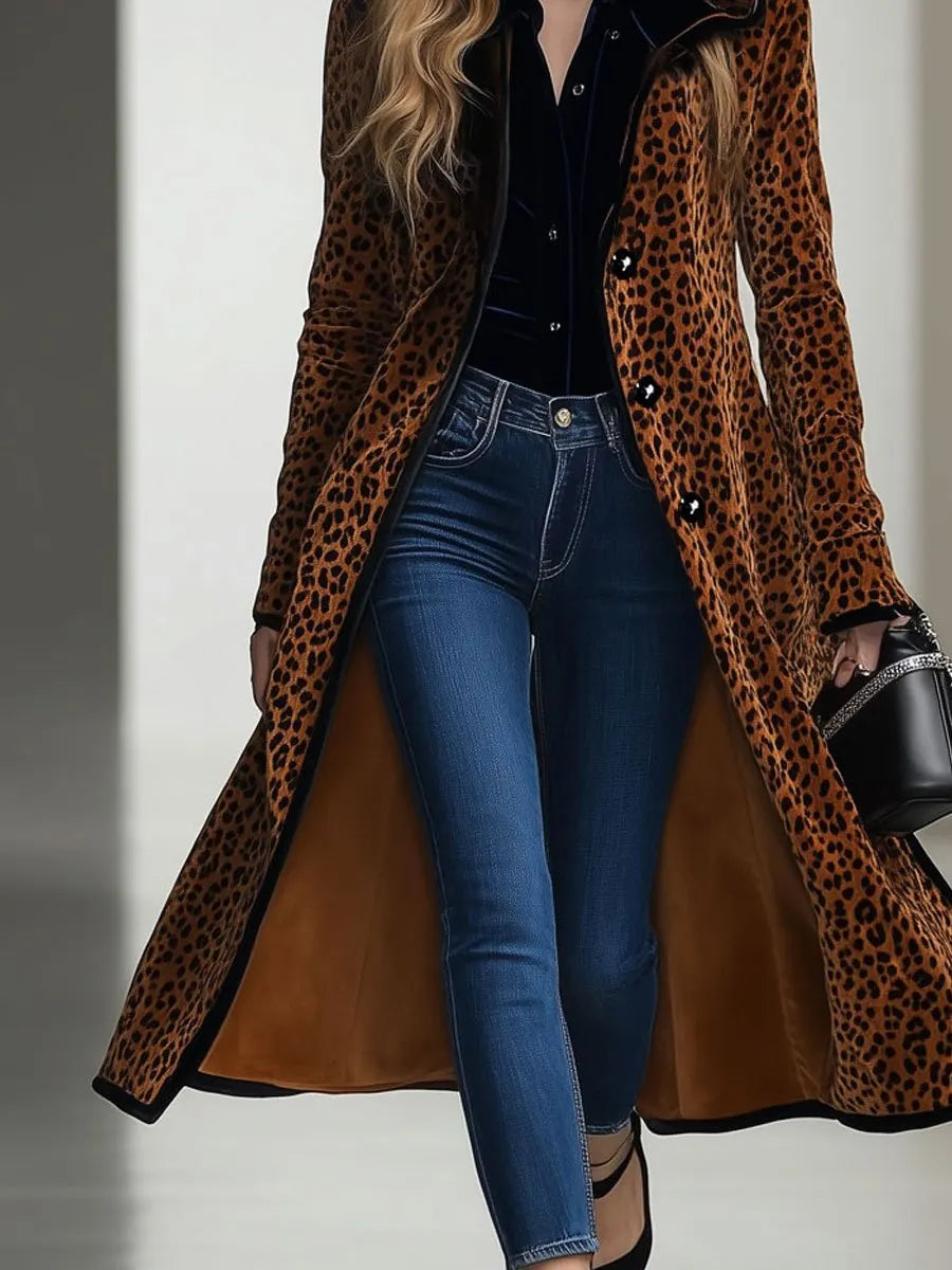 【24-hour shipping out】Casual Loose Vintage Velvet Leopard Print Black Trim Hooded Long Coat