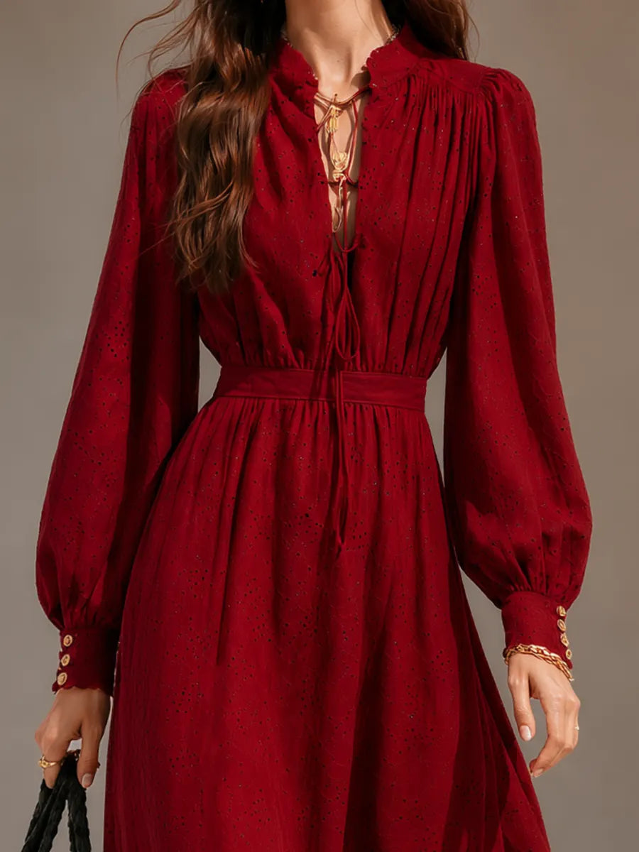 Romantic Wine Red Eyelet Embroidery Lace Up Tie Neck Long Balloon Sleeve Button Cuff Smocked Waist Scalloped Hem Flowy Cotton Midi Dress