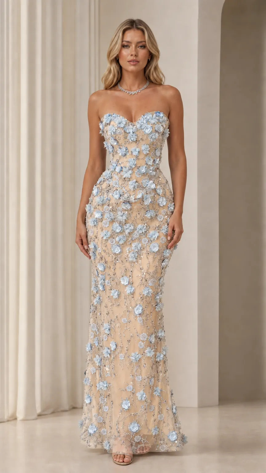 Strapless 3D Floral Applique Sequin Tulle Evening Gown