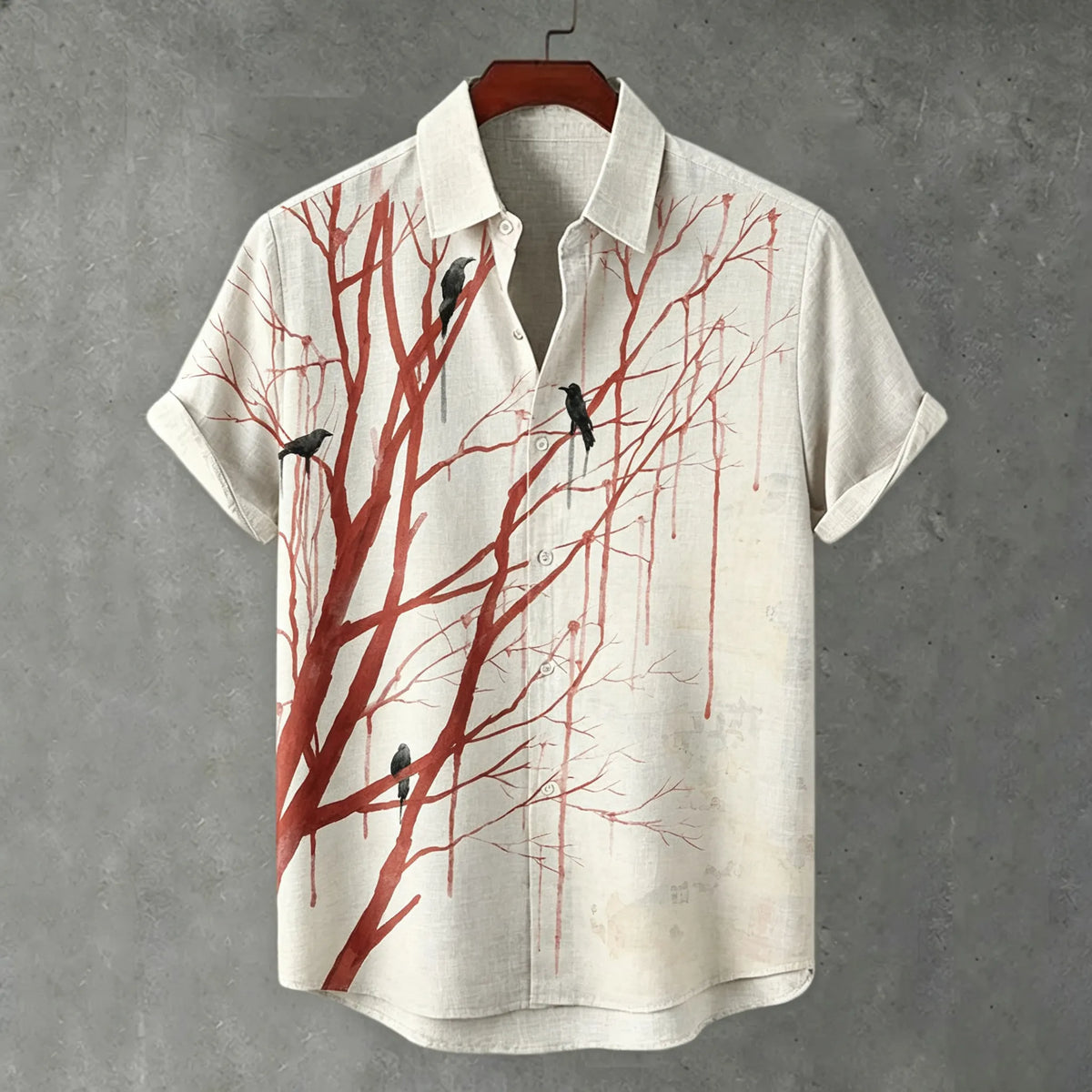 Men's Red Branch And Blackbird Print Linen Blend Short-sleeved Shirt