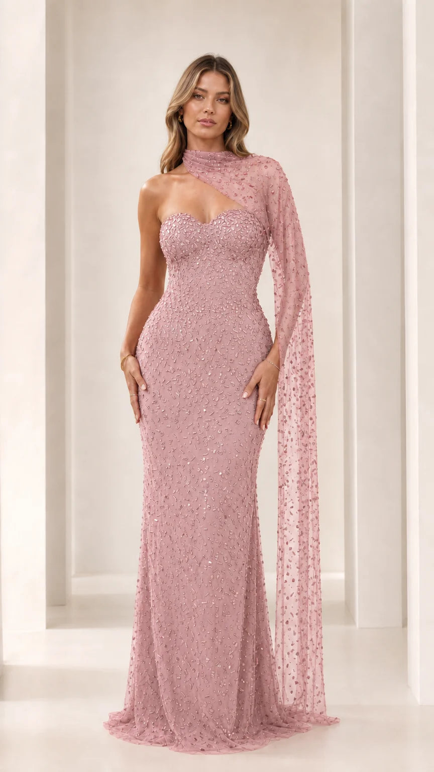 Sequined Beaded Sweetheart Evening Gown with Asymmetric Cape Drape