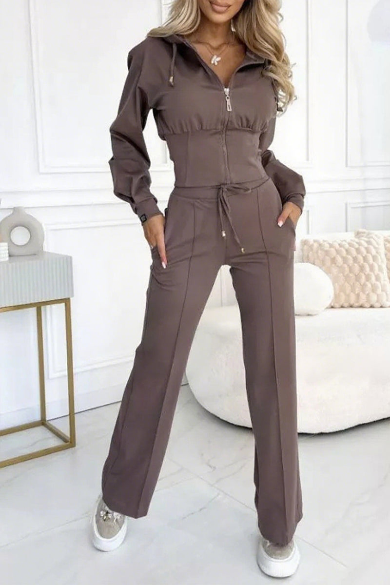 Ladies Round Neck Hooded Zipper Top+ Pants with Casual Temperament Suit