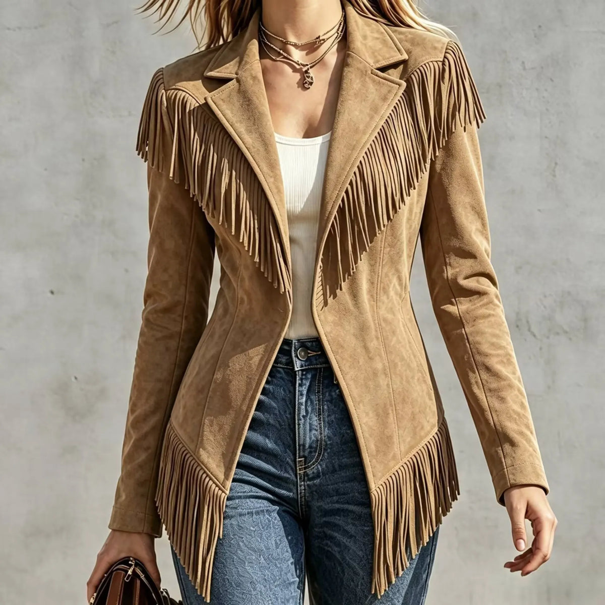 Fitted Faux‐suede Fringe Western Jacket