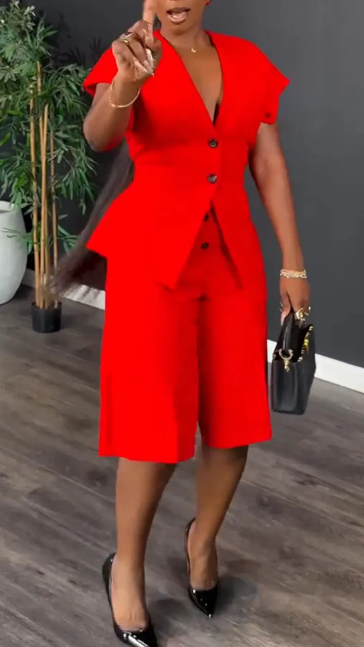 Womens V-neck Jacket+ Pants Casual Set with Temperament