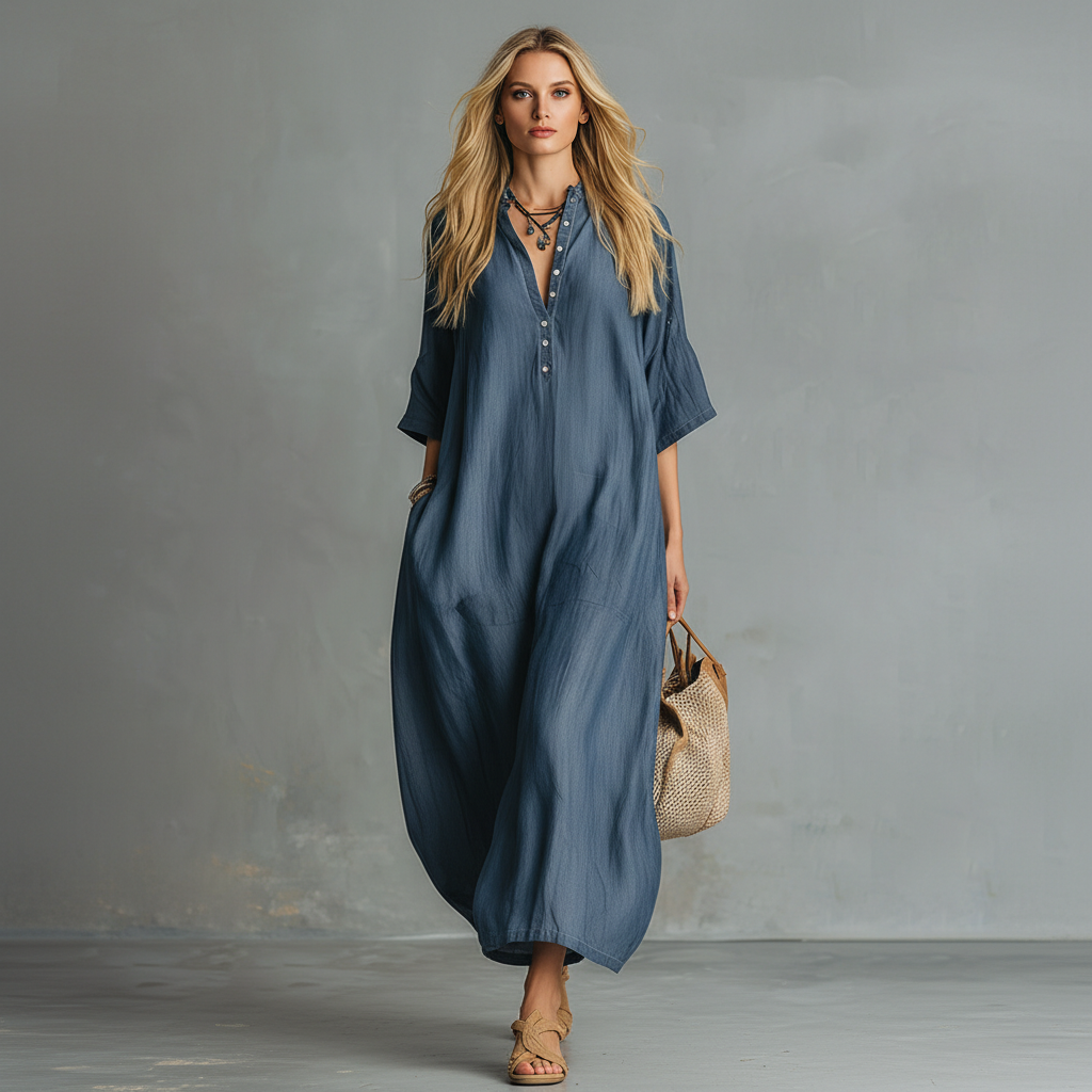 Retro Blue Tencel Short-Sleeved Maxi Dress