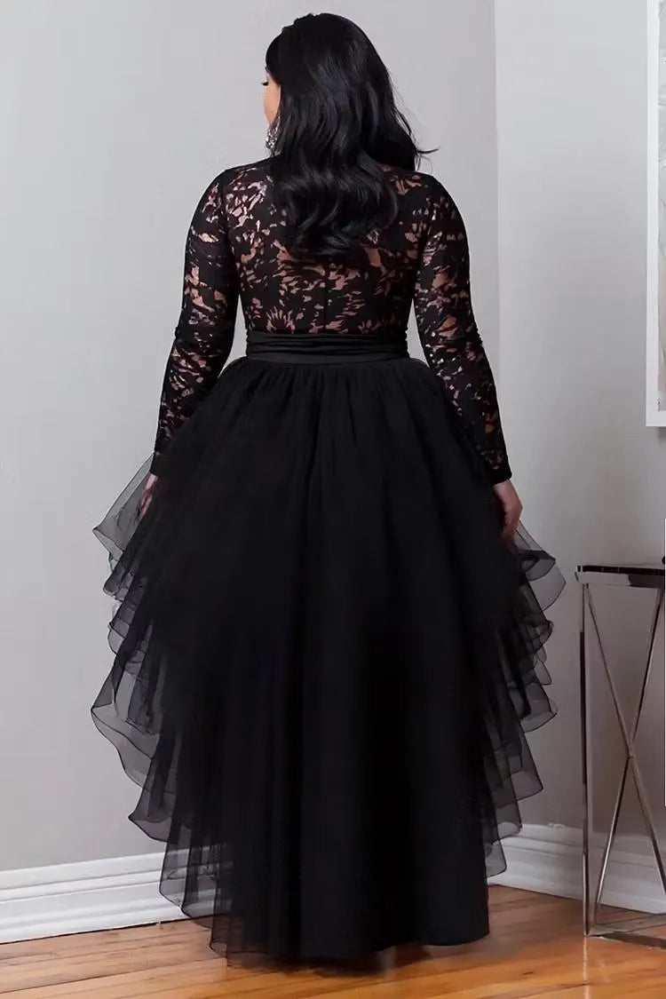 Black Lace High‐Low Tulle Party Dress