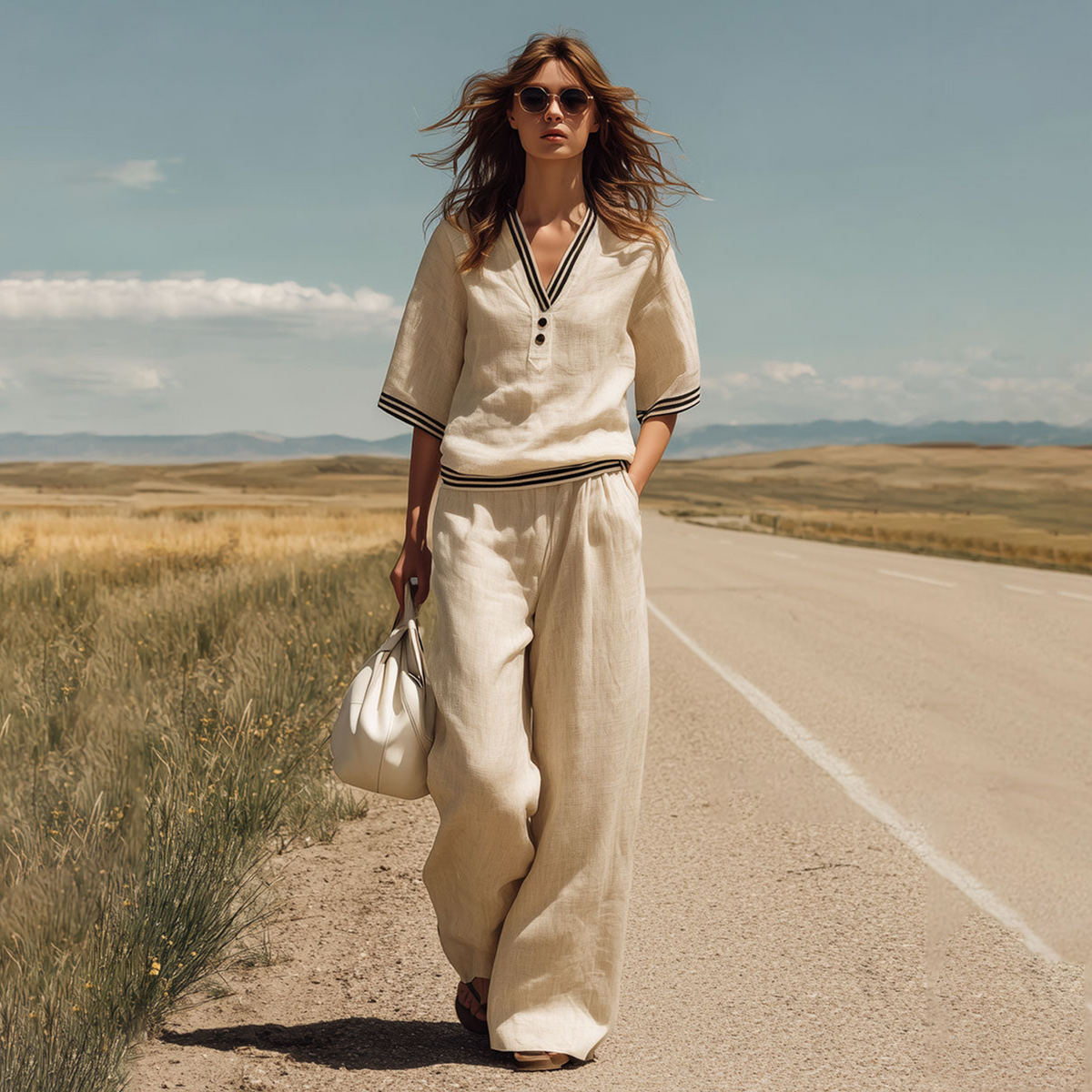 Casual Vintage-inspired Striped Apricot Cotton-linen Blend Short-sleeved Shirt And Wide-leg Trousers Ensemble
