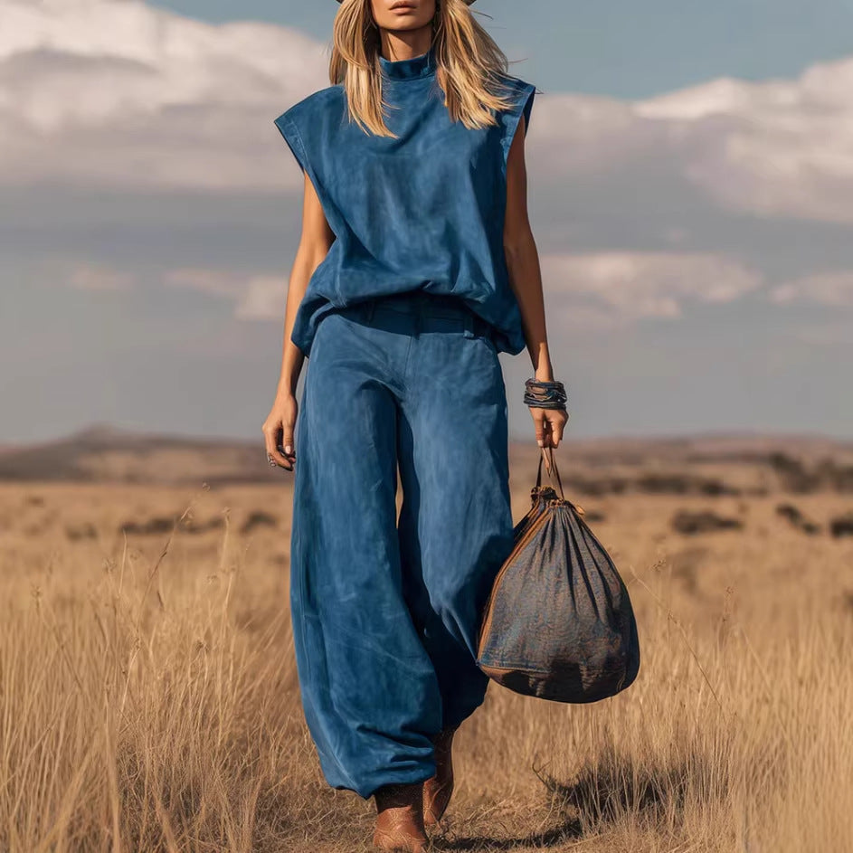 Cotton Denim Sleeveless High Neck Top & Wide Leg Pants Set - Boho Western Style Outfit For Women