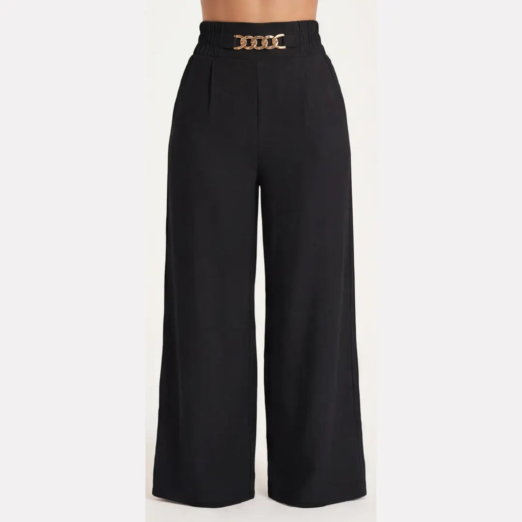 Elegant Linen Wide Leg Trousers, High Waist with Statement Chain Detail
