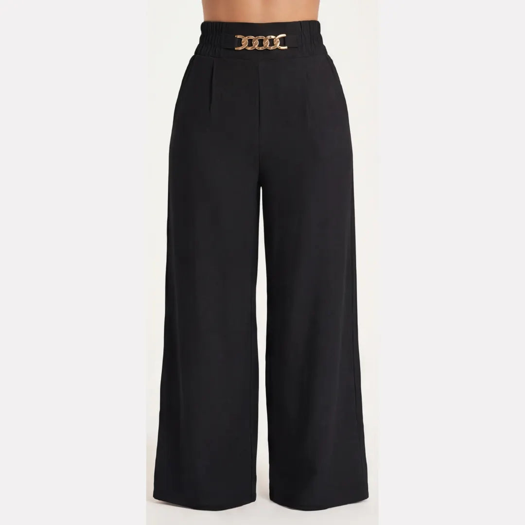 Elegant Linen Wide Leg Trousers, High Waist with Statement Chain Detail