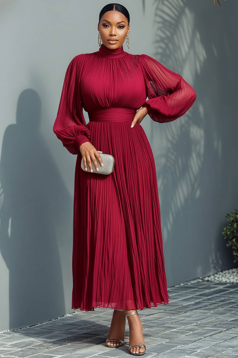 Navy Blue Mock Neck Lantern Sleeve Long Sleeve See Through Elegant Ruffled Midi Dresses